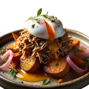 A running poached egg with a pulled pork sweet potato hash