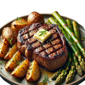 Steak with roasted potatoes and grilled aspsargus