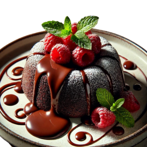 chocolate lava cake with raspberries with intricate swirls of chocolate sauce and garnishes